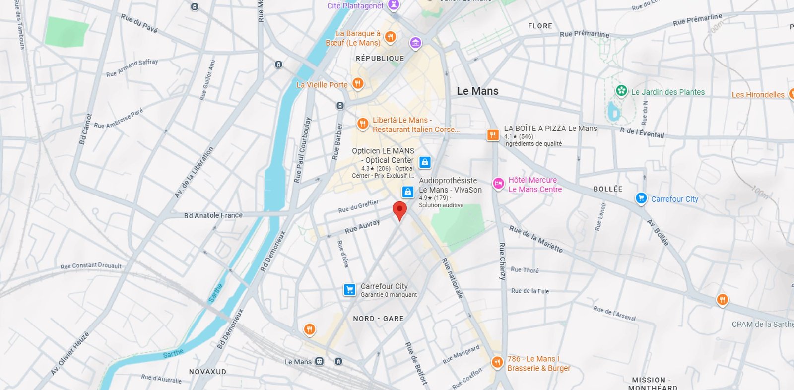 Plan du centre du Mans indiquant l'emplacement du restaurant LokoRiko